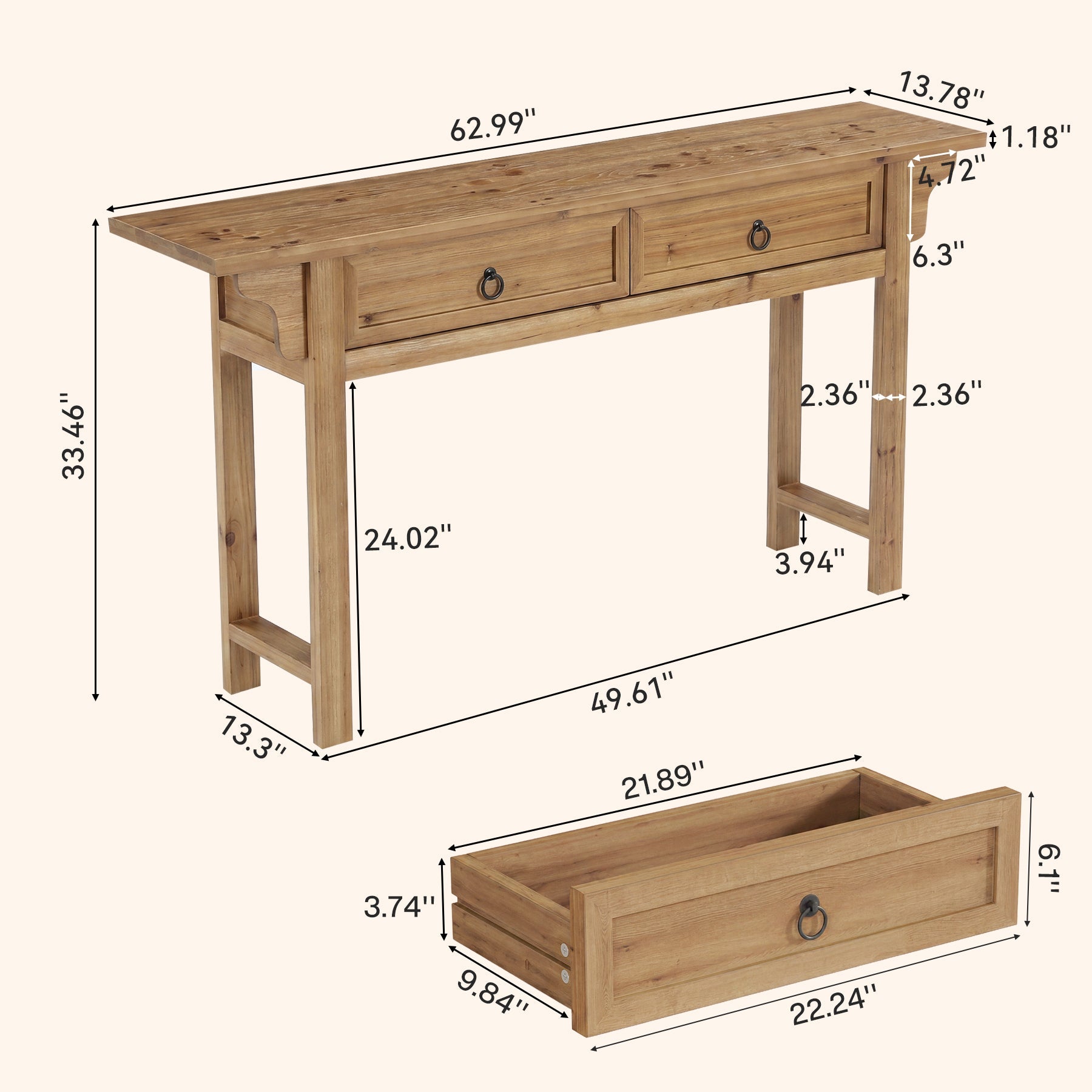 Tribesigns massief houten consoletafel 160 cm met 2 lades, smalle haltafel met opbergruimte