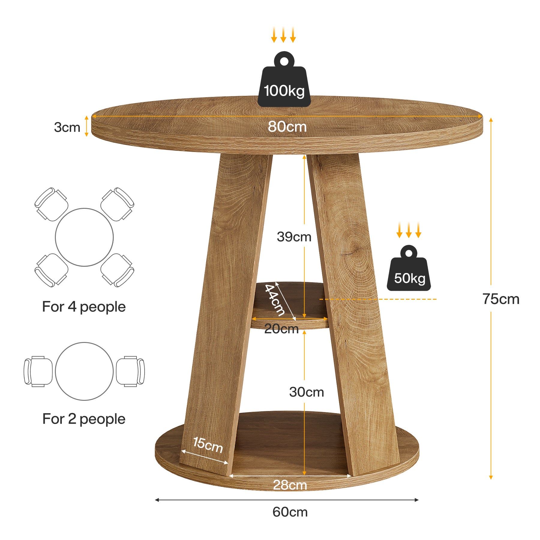 80 cm Ronde Eettafel voor 2-4 Personen, Kleine Boerenkeuken Tafel met 2-Tier Opberplank