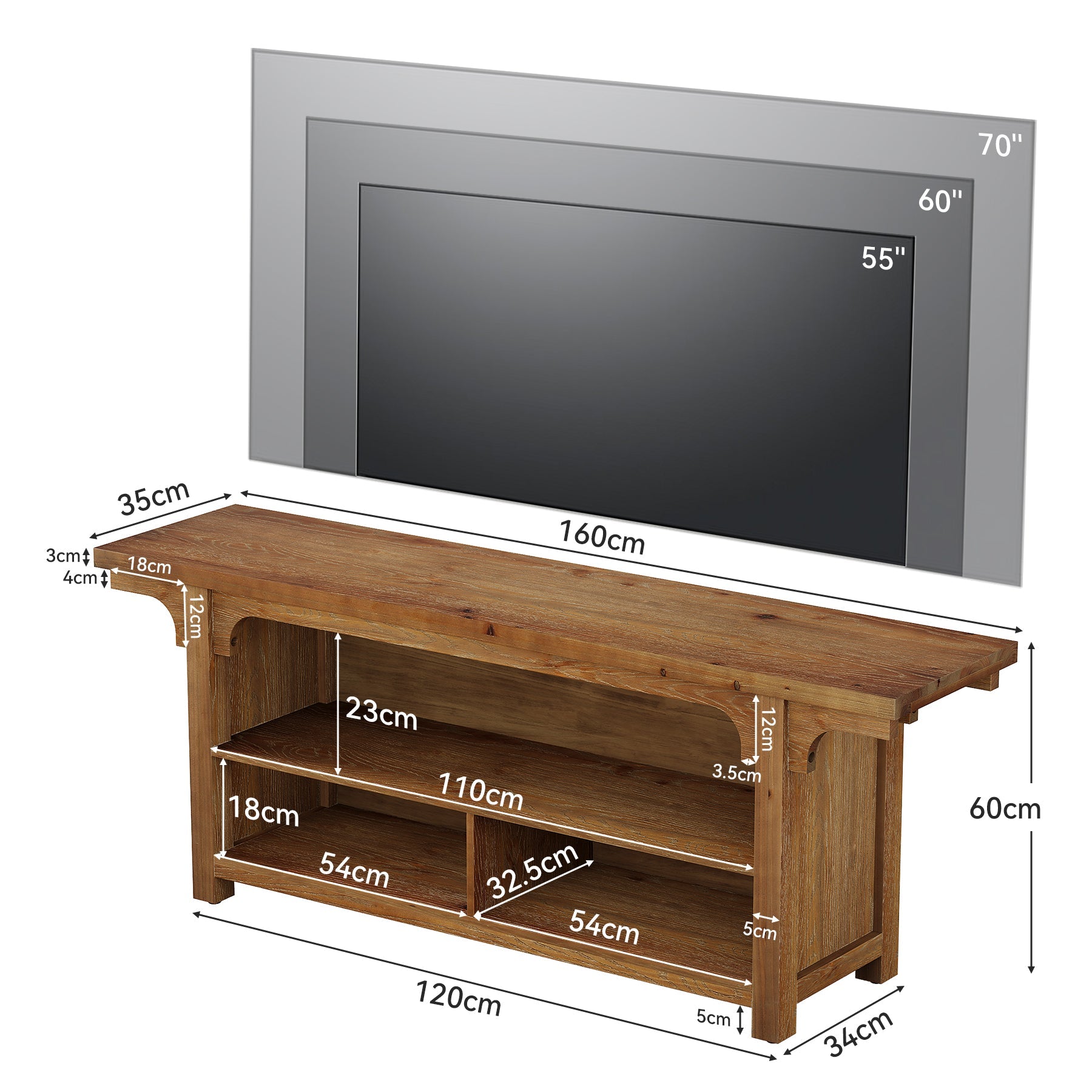 Tribesigns 160 cm TV-Meubel van Massief Hout voor TV's van 55–70 Inch, TV-Kast met 3 Open Vakken