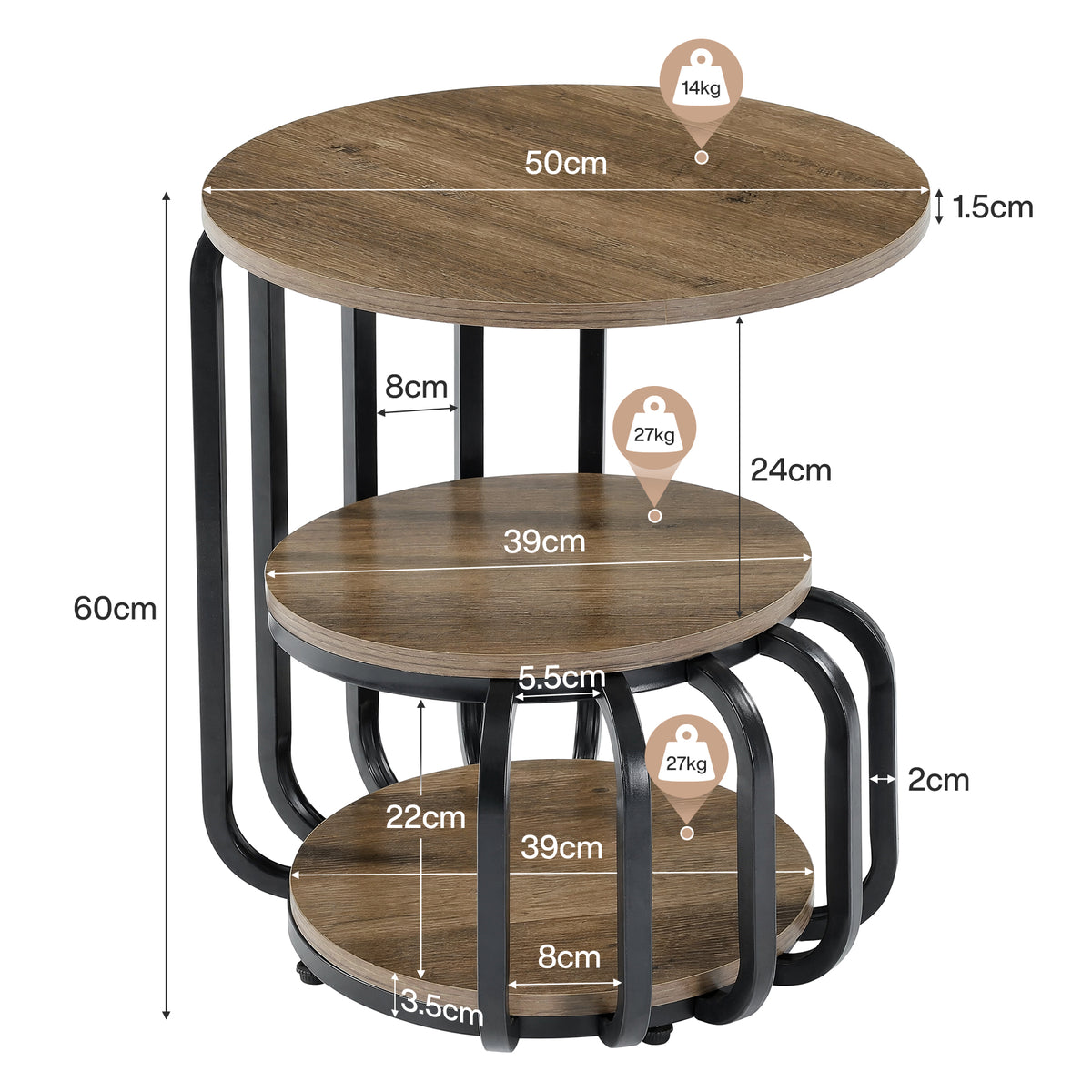 Tribesigns 50 cm ronde bijzettafel met 3-laags opbergrek en industrieel ontwerp, nachtkastje voor slaapkamer en woonkamer