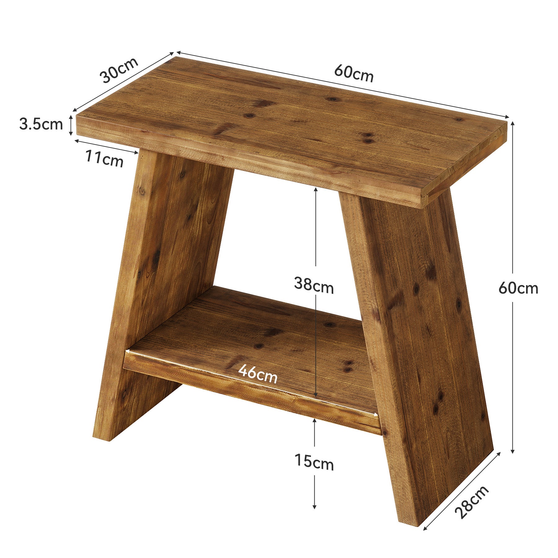 60 x 30 cm Smalle bijzettafel van massief hout met 2-laagse opbergruimte, landelijk nachtkastje voor woonkamer en slaapkamer