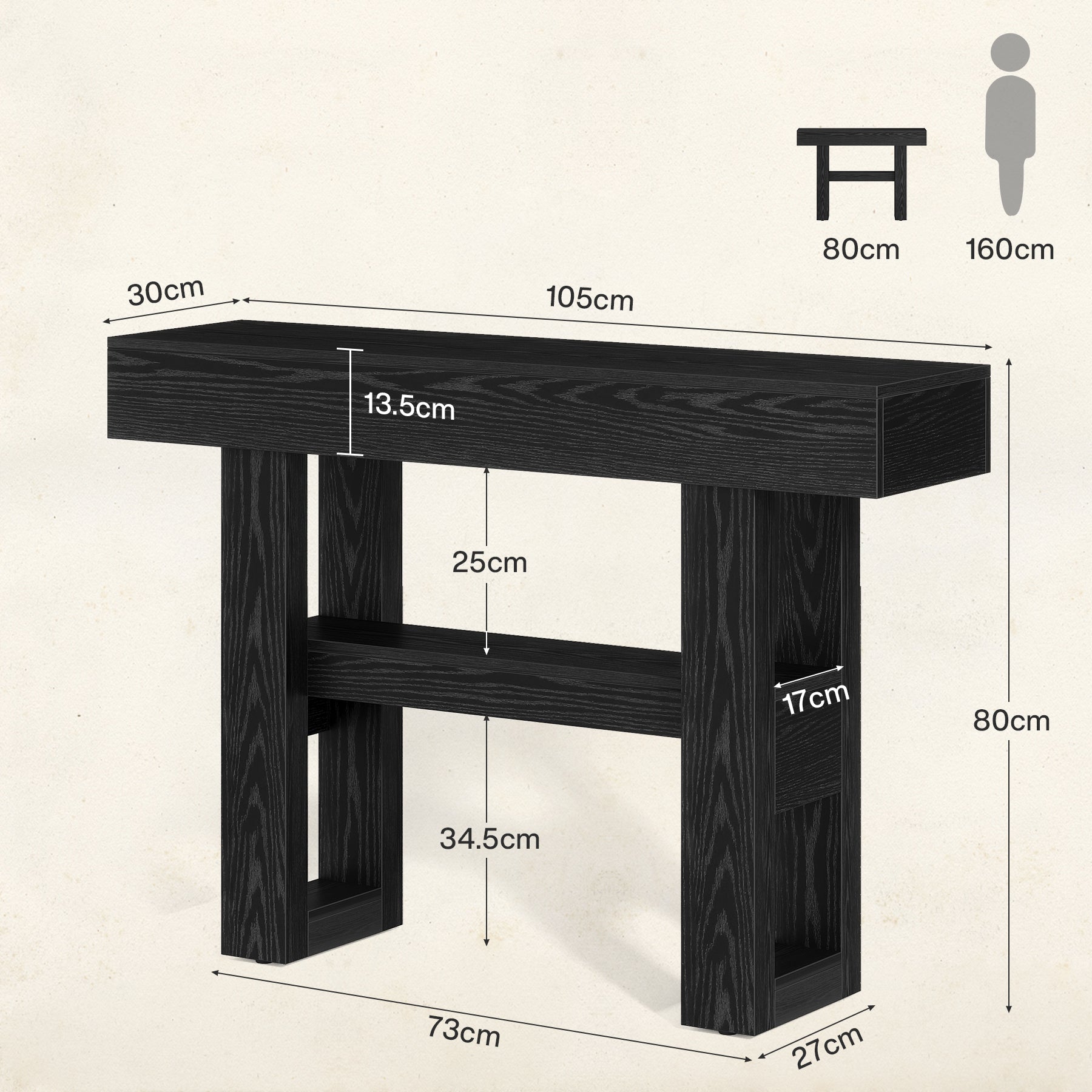 105 cm Smalle Consoletafel met 2 Niveaus, Rustieke Entreetafel voor Hal en Woonkamer