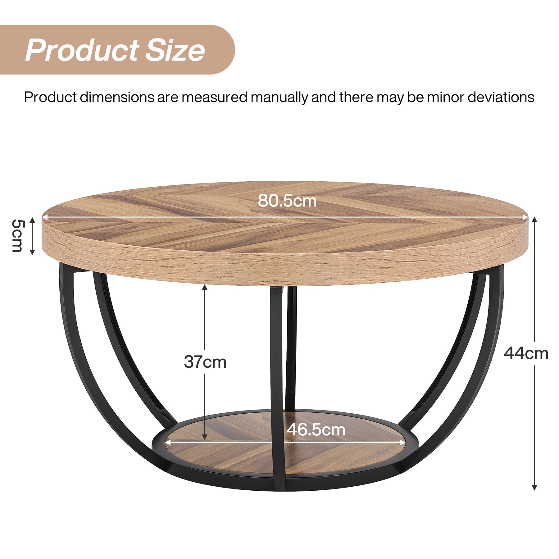 80,5 cm Ronde Industriële Salontafel, Tweelaags Middentafel in Rustiek Bruin en Zwart