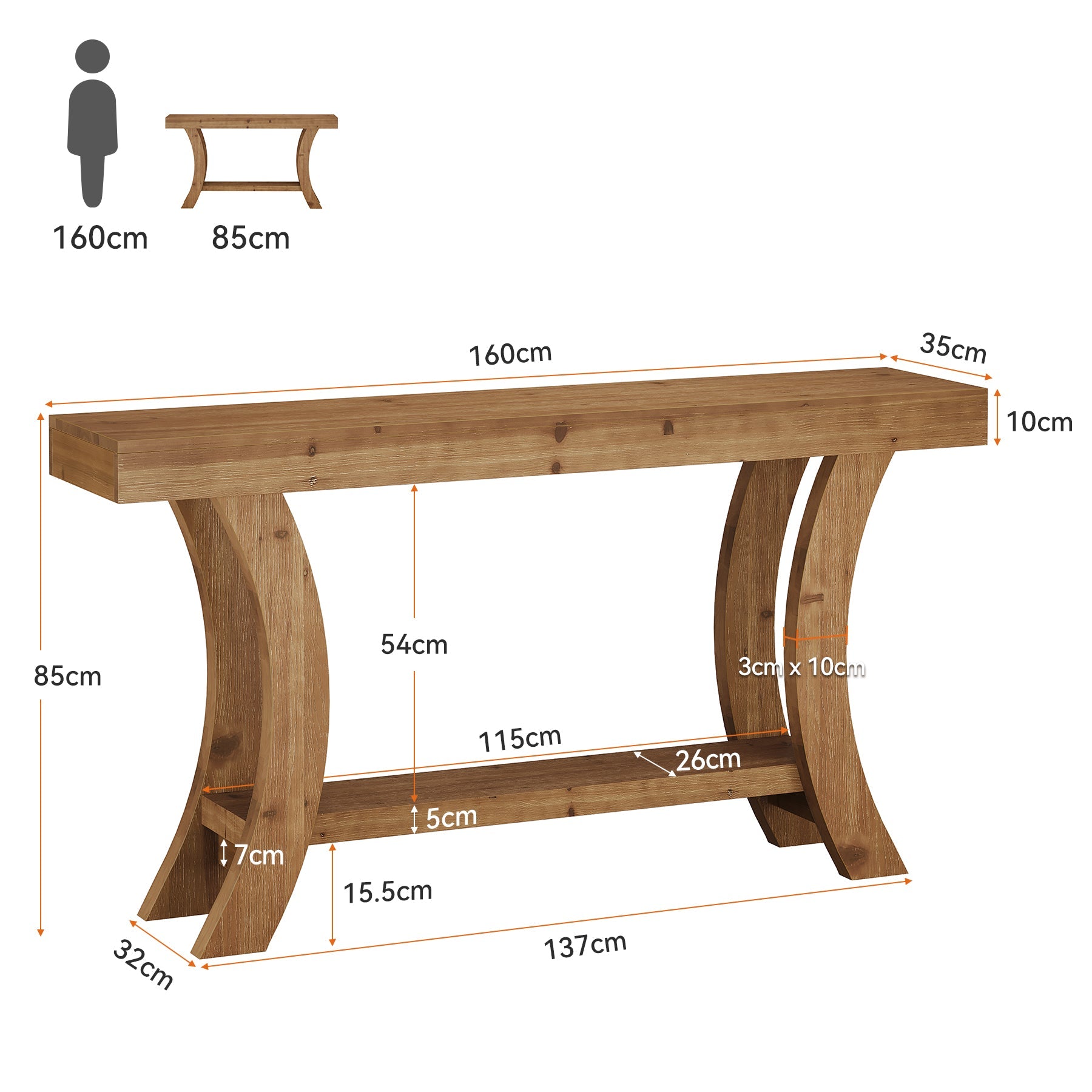 Tribesigns massief houten consoletafel 160 cm, haltafel met opbergruimte en gebogen boogvormig frame