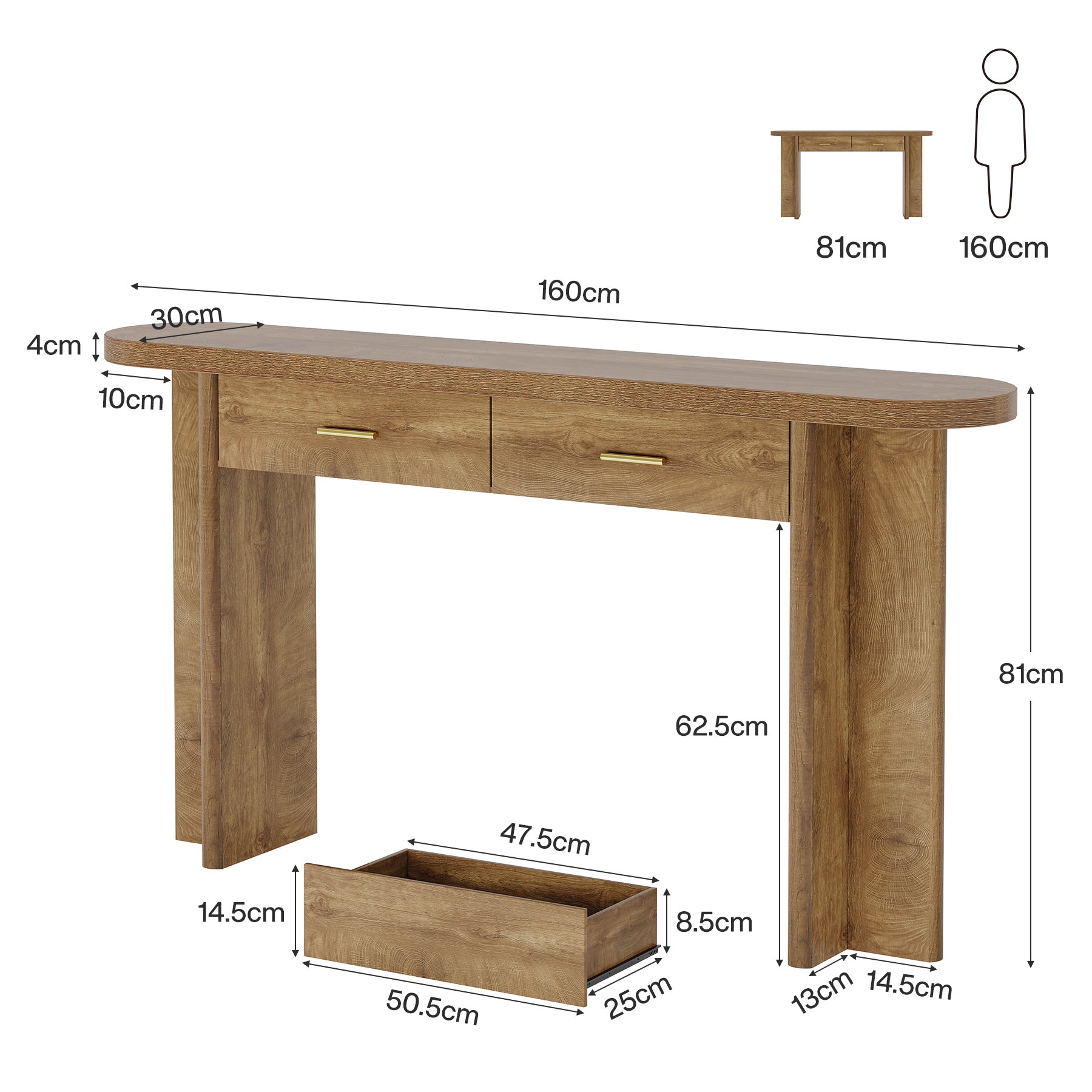 Ovale Consoletafel van 160 cm met 2 Lades in Landelijke Stijl, Haltafel met Opbergruimte voor Woonkamer en Entree