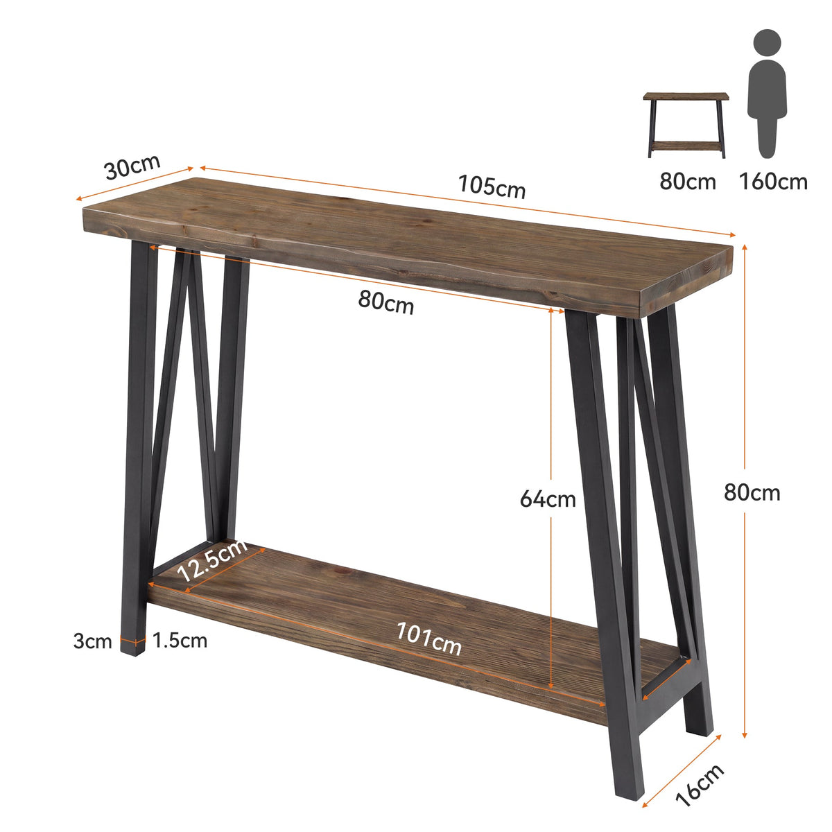 Tribesigns 105 cm consolentafel massief hout natuurrand, industrieel 2-laags frame met opbergplank in hal en woonkamer