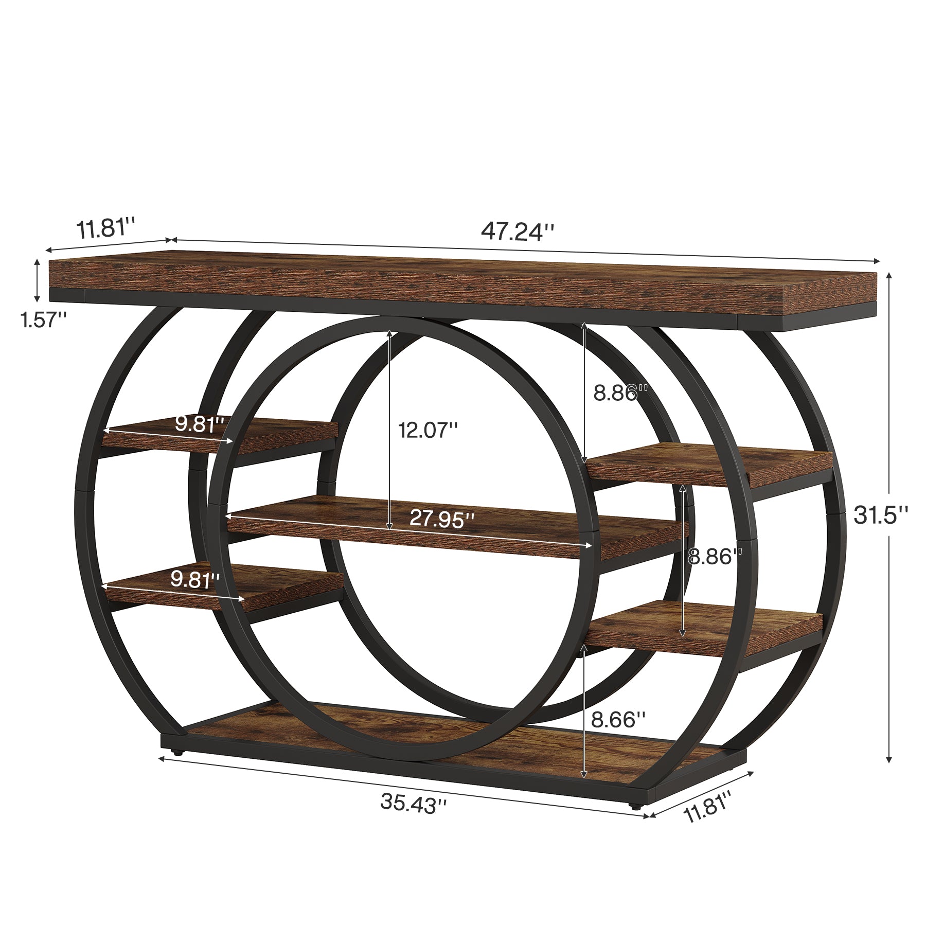 Consoletafel van 120 cm met 5 Lagen in Industrieel Design, Smalle Banktafel voor Woonkamer en Hal in Rustiek Bruin