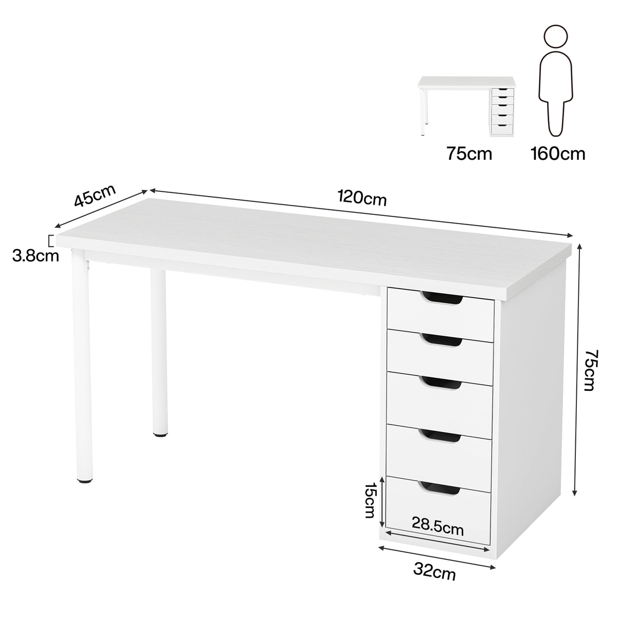 120 cm Tribesigns Bureau met 5 Lades, Compact Computerbureau met Opbergruimte voor Thuiswerkplek