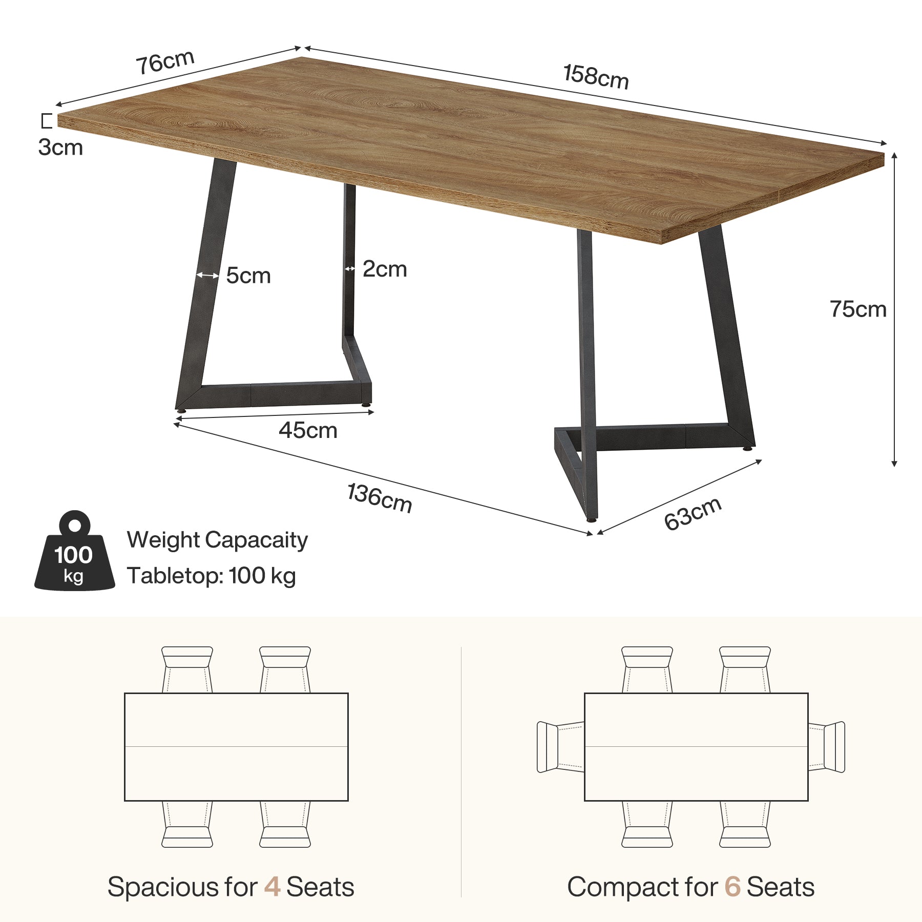 Tribesigns rechthoekige eettafel van 158 cm voor 4–6 personen, industriële keukentafel met stevig metalen onderstel in eikenlook