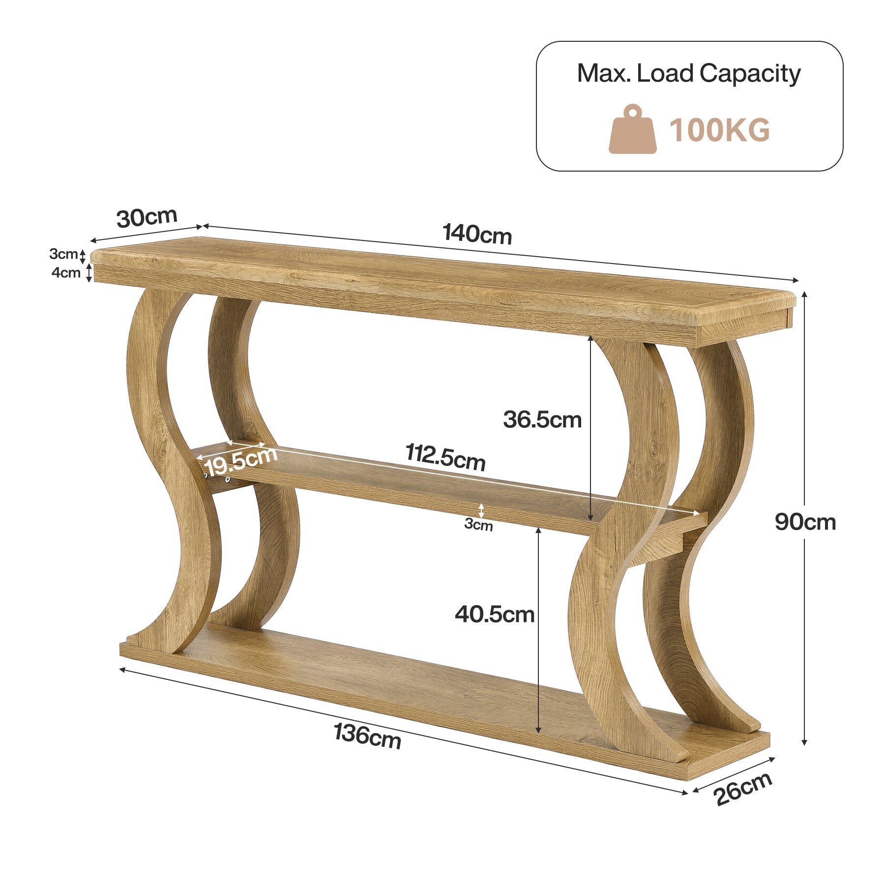 Tribesigns consolentafel 140 cm met 3 planken, smalle gangtafel met golfvormig design