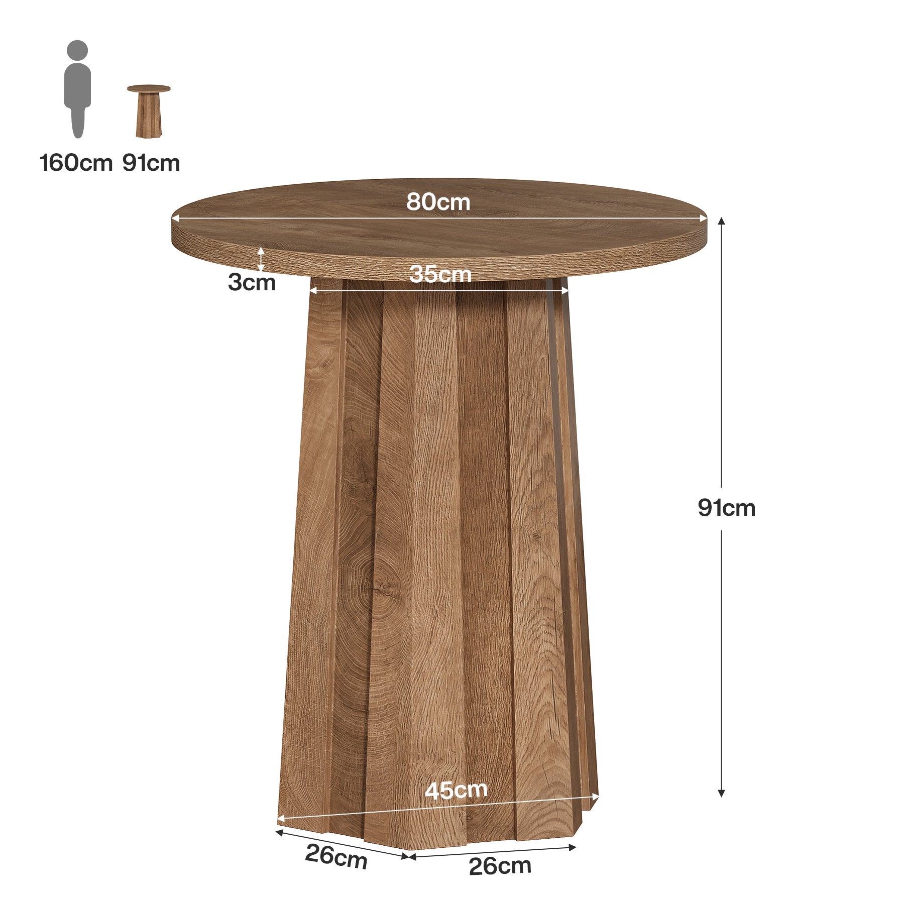 Ronde bartafel 80 cm met geribbelde zuilvoet, moderne bistrotafel op bardhoekhoogte