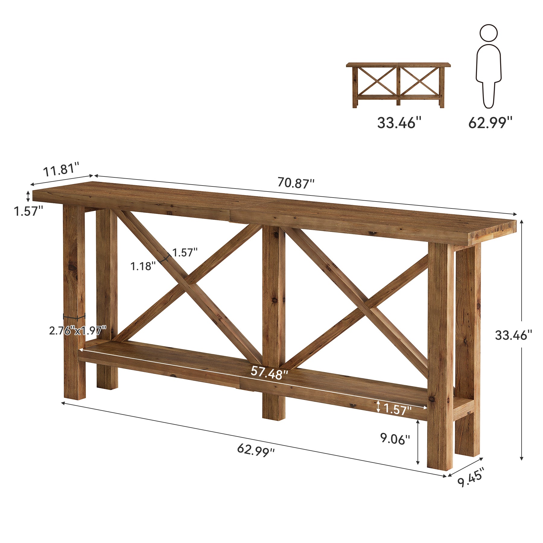 180 cm Tribesigns smalle consoletafel, 2-laagse haltafel van massief hout