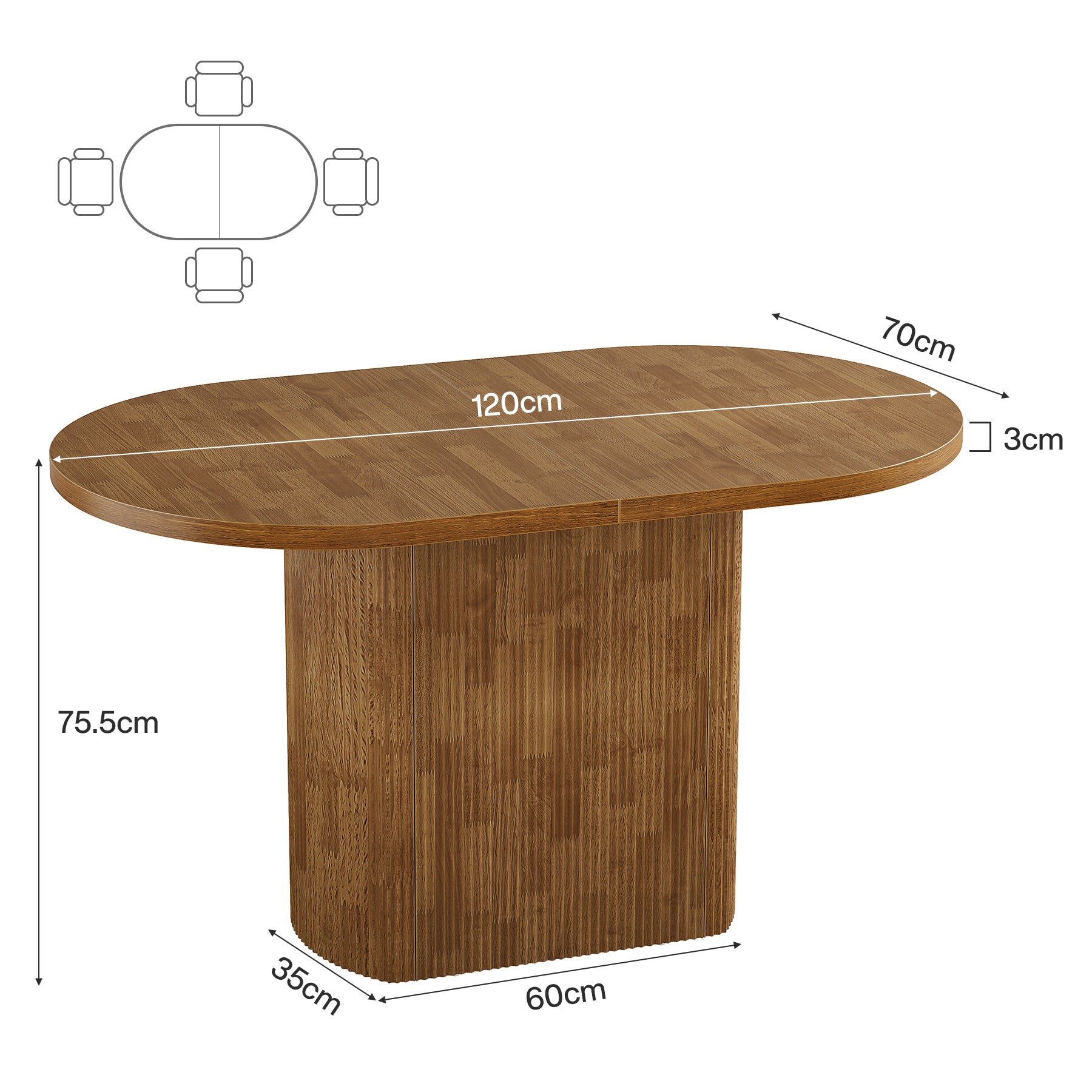 120 cm Ovale Vergadertafel voor 4 Personen, Rustieke Houten Conferentietafel met Polygonale Poot