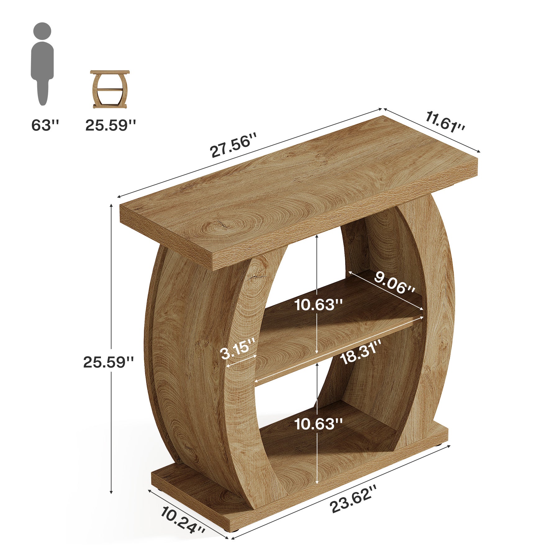 65 cm Smalle Bijzettafel met 3 Lagen Opslag, Landelijke Nachtkast met Gebogen Frame voor Woonkamer Slaapkamer