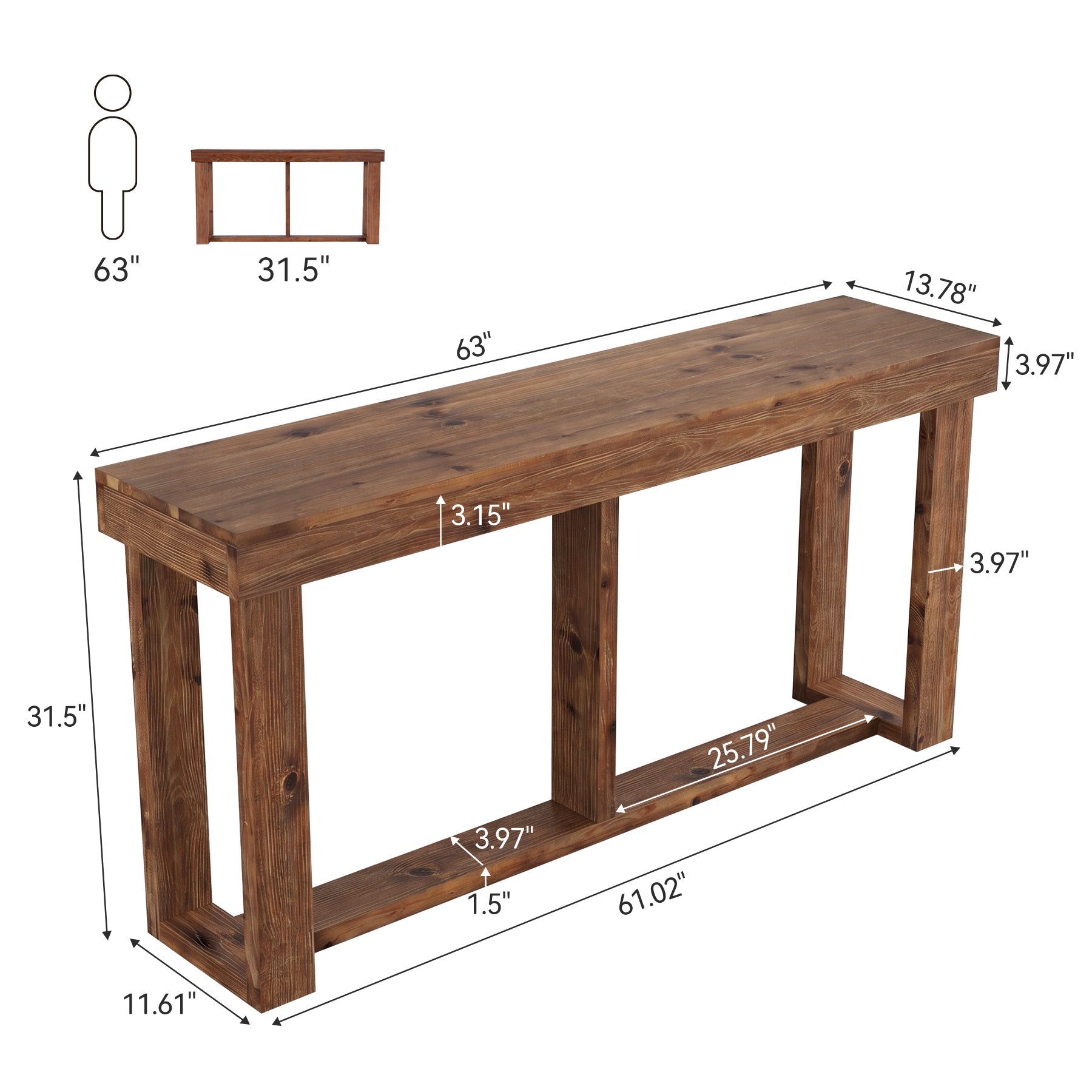 160 cm massief houten consoletafel, landelijke bank- en entree tafel voor de woonkamer