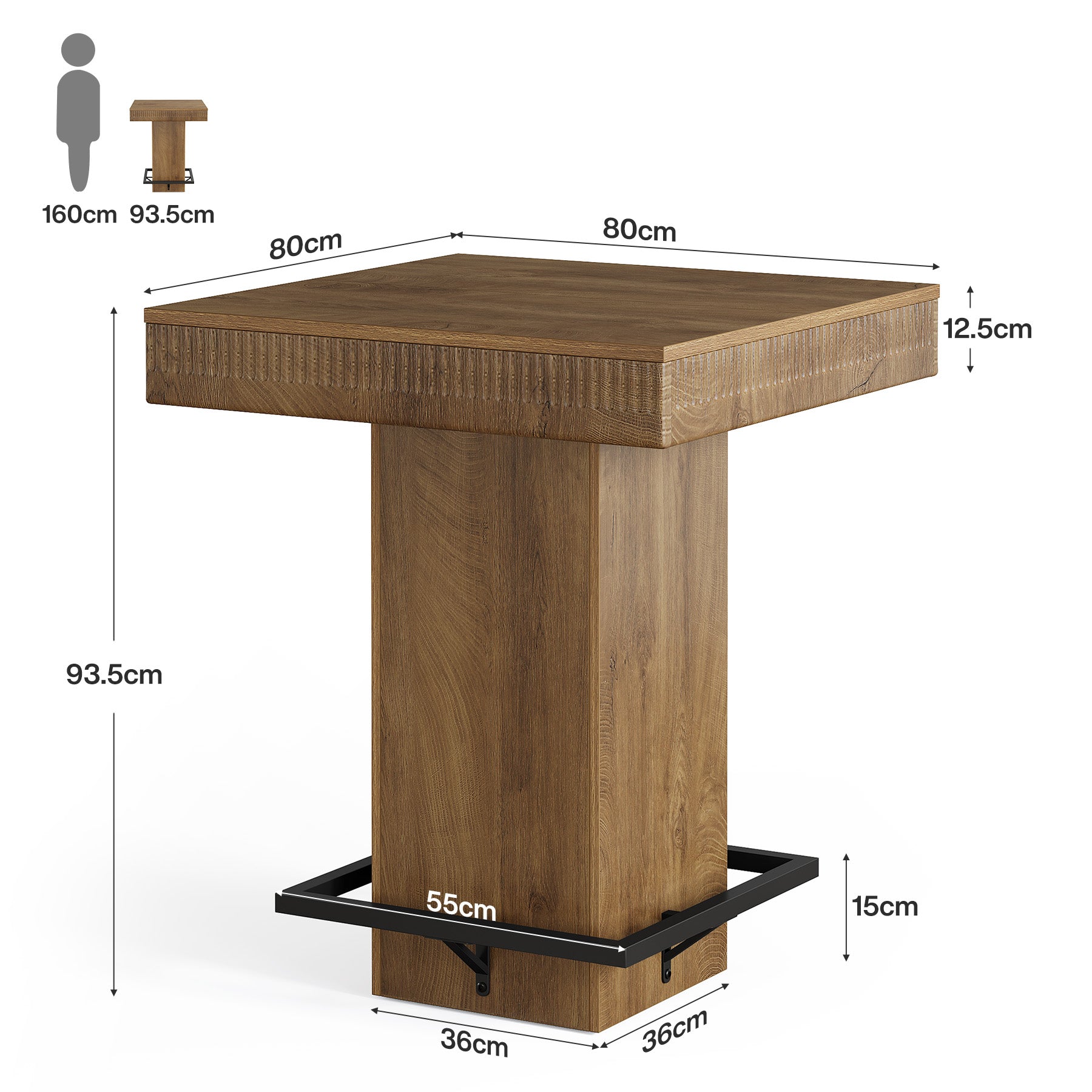 80 cm Vierkante Bartafel, Industriële Bistro Pubtafel met Metalen Voetensteun