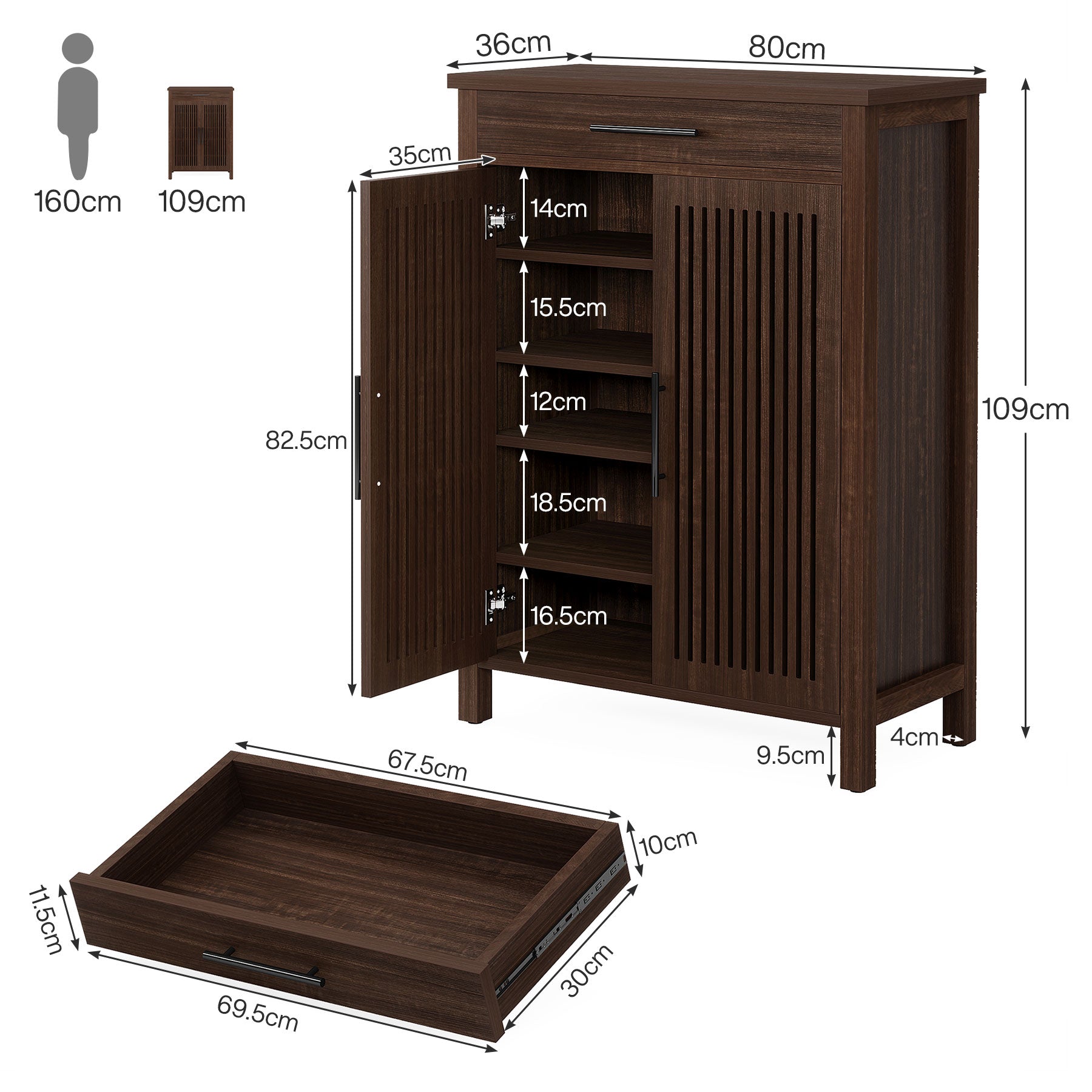 Smal Schoenenmeubel 80 cm, Verstelbare Kast Met 5 Planken En Lamellendeuren