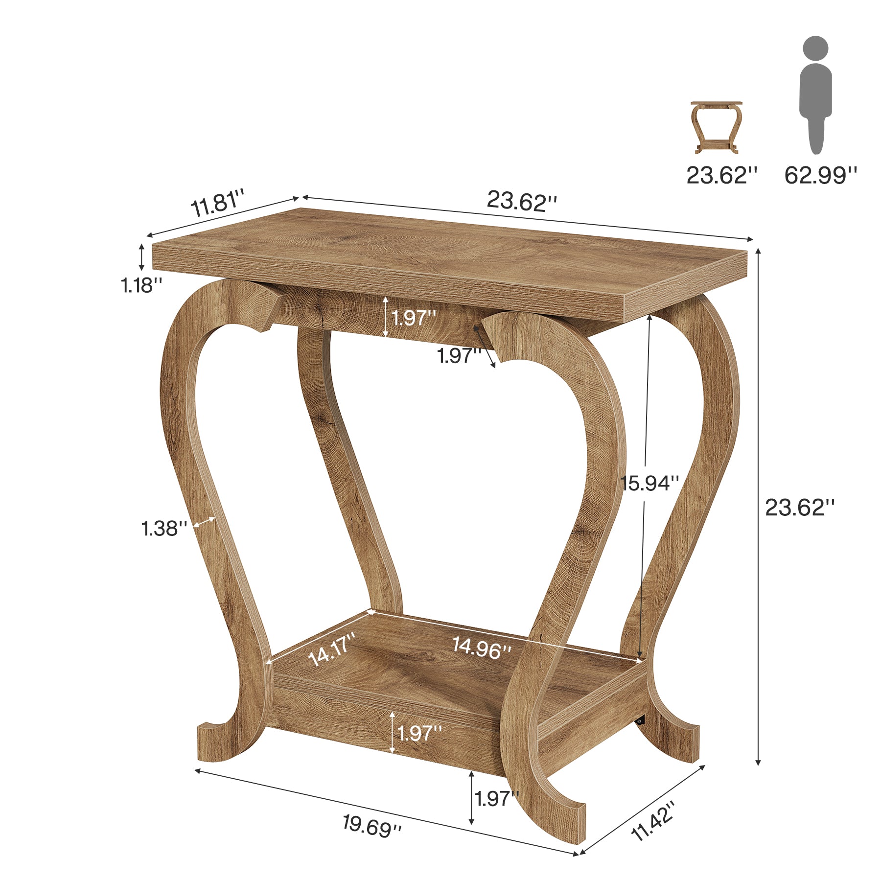 Bijzettafel met 2 Niveaus, Smalle Accent Tafel met Opbergrekken