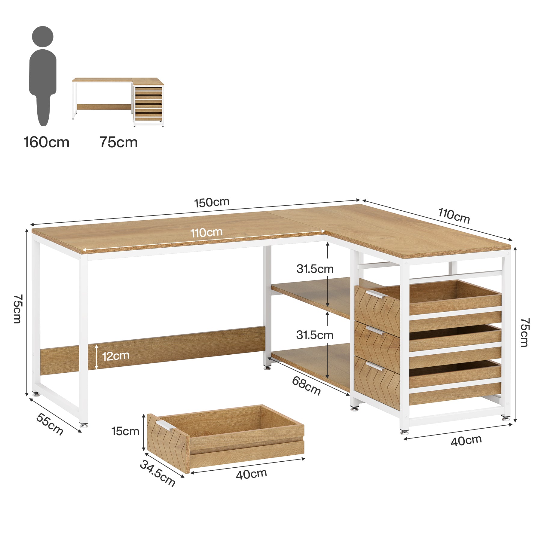 150 cm L-vormig Bureau, Met 4 Laden en 2 Planken voor Kantoor en Werkkamer