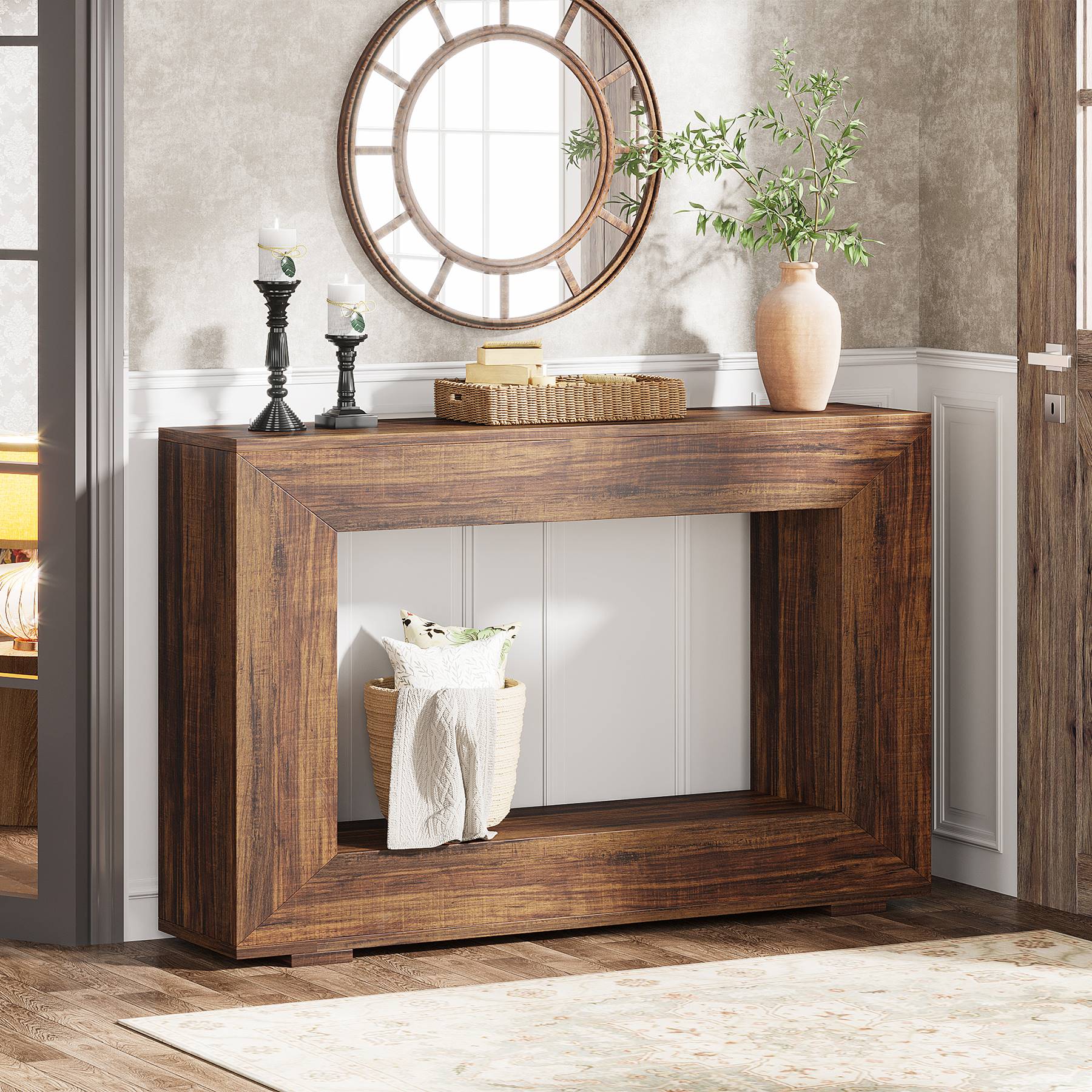 120 cm Boers Entreetafel met Opbergvak, Industrieel Accentmeubel voor Hal en Woonkamer